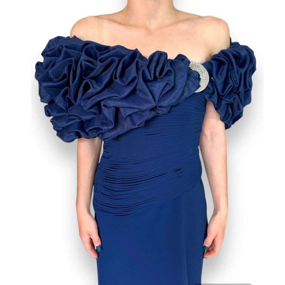 Vintage Rose Taft Ruffle Shoulder Sheath Gown Rhinestone Sapphire Blue EUC XS